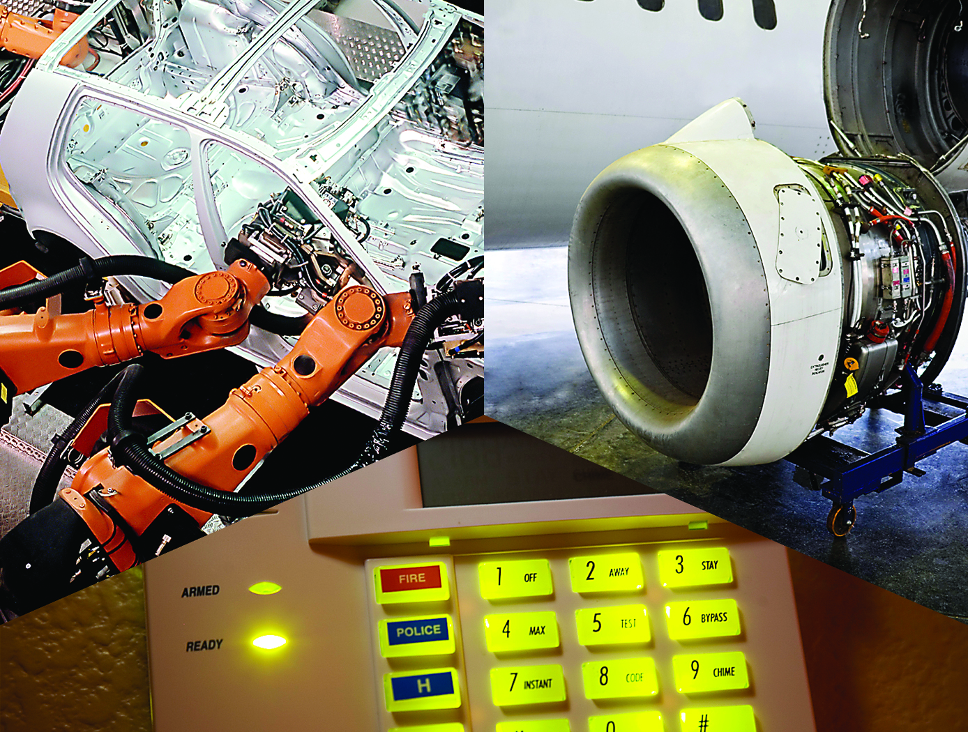 Security system keypad, engine inspection, robotic assembly line